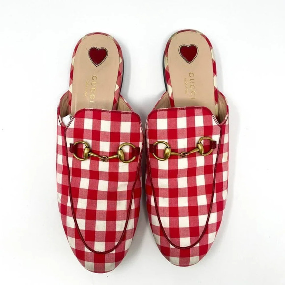 Gucci Princetown Red Gingham Plaid Check Loafer Mule Slipper Size 37.5 / 7.5 - Picture 3 of 16